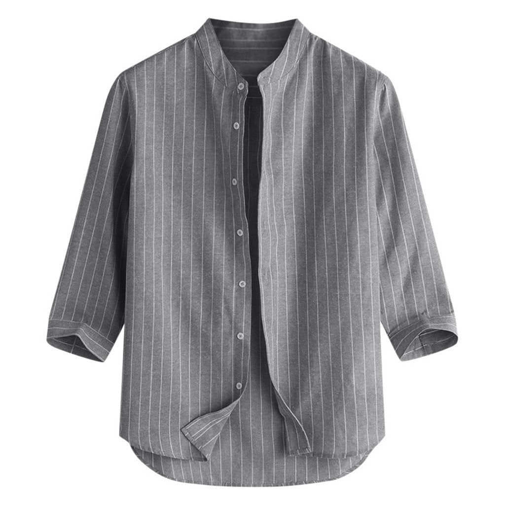Striped Stand Collar Cropped Sleeve Button Linen Shirt Loose Casual Comfortable Men's Top