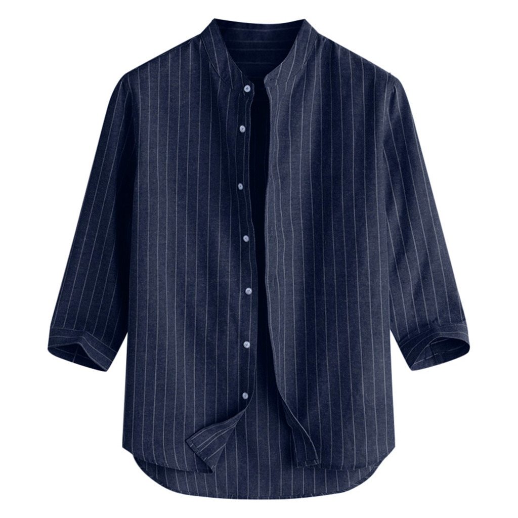 Striped Stand Collar Cropped Sleeve Button Linen Shirt Loose Casual Comfortable Men's Top