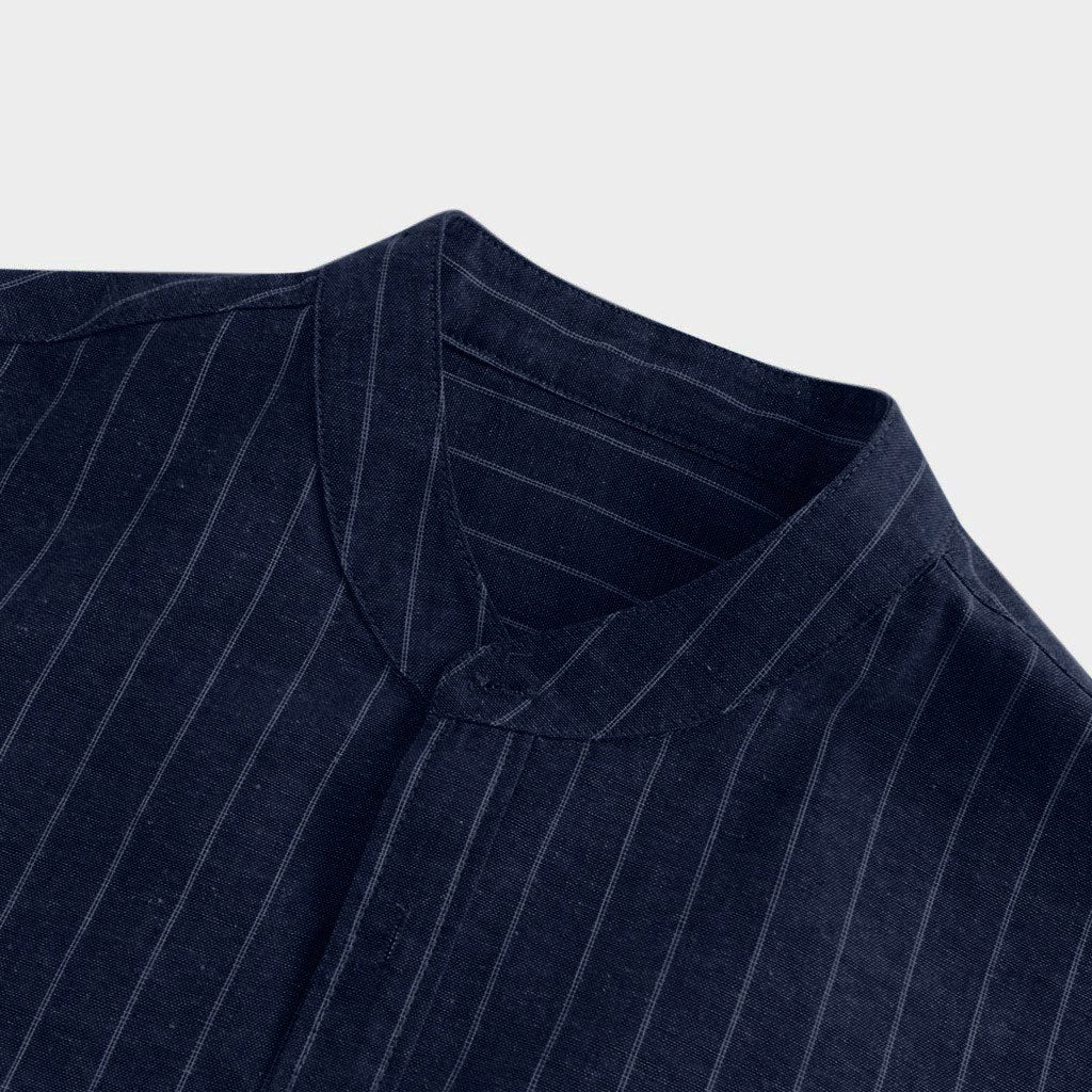 Striped Stand Collar Cropped Sleeve Button Linen Shirt Loose Casual Comfortable Men's Top