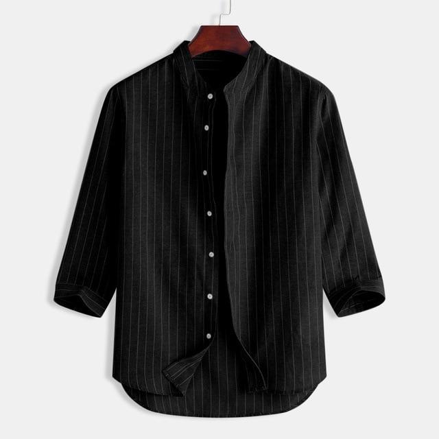 Striped Stand Collar Cropped Sleeve Button Linen Shirt Loose Casual Comfortable Men's Top