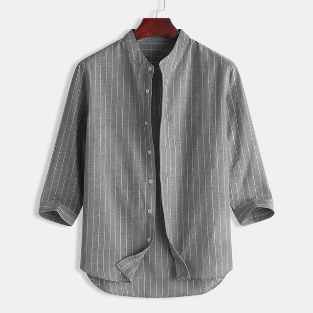 Striped Stand Collar Cropped Sleeve Button Linen Shirt Loose Casual Comfortable Men's Top