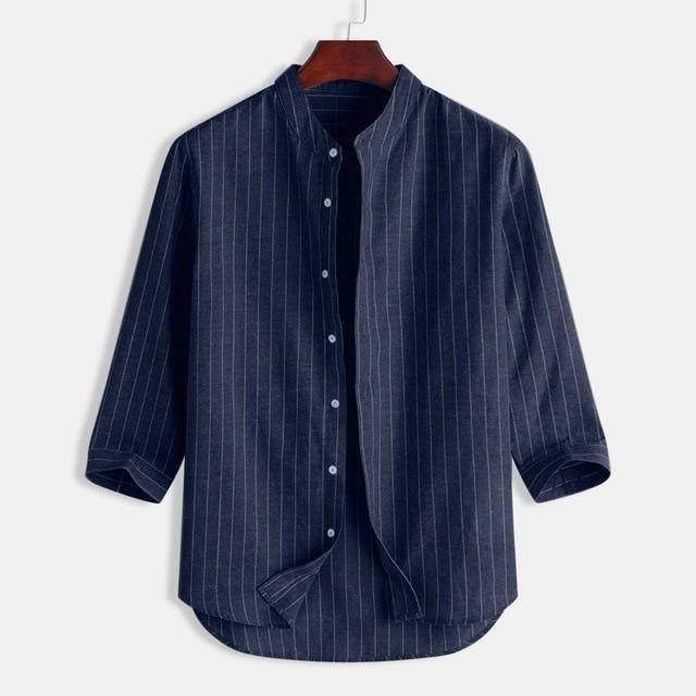 Striped Stand Collar Cropped Sleeve Button Linen Shirt Loose Casual Comfortable Men's Top