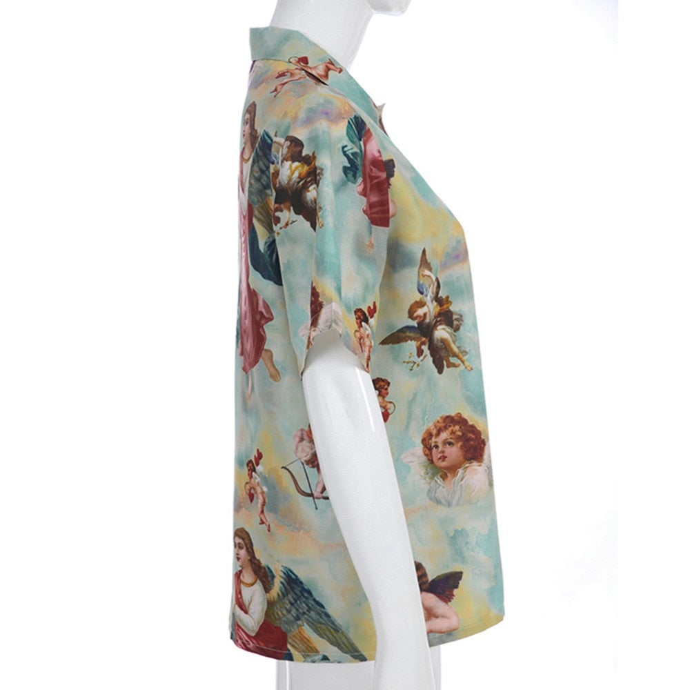 Aesthetic Cupid Angel Print  Cardigan Short Sleeve Summer Top