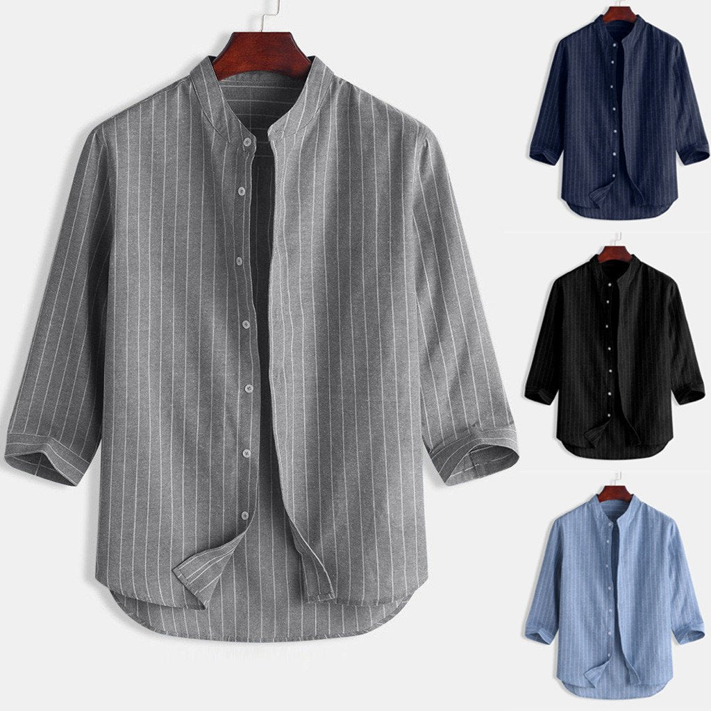 Striped Stand Collar Cropped Sleeve Button Linen Shirt Loose Casual Comfortable Men's Top