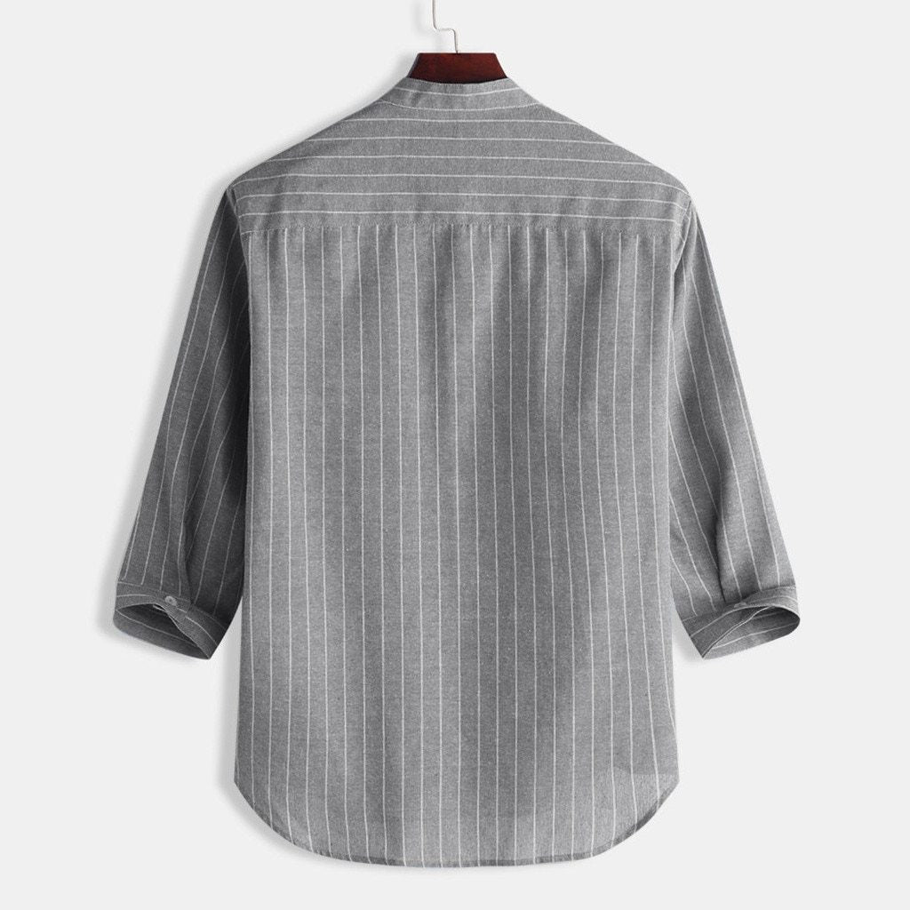 Striped Stand Collar Cropped Sleeve Button Linen Shirt Loose Casual Comfortable Men's Top