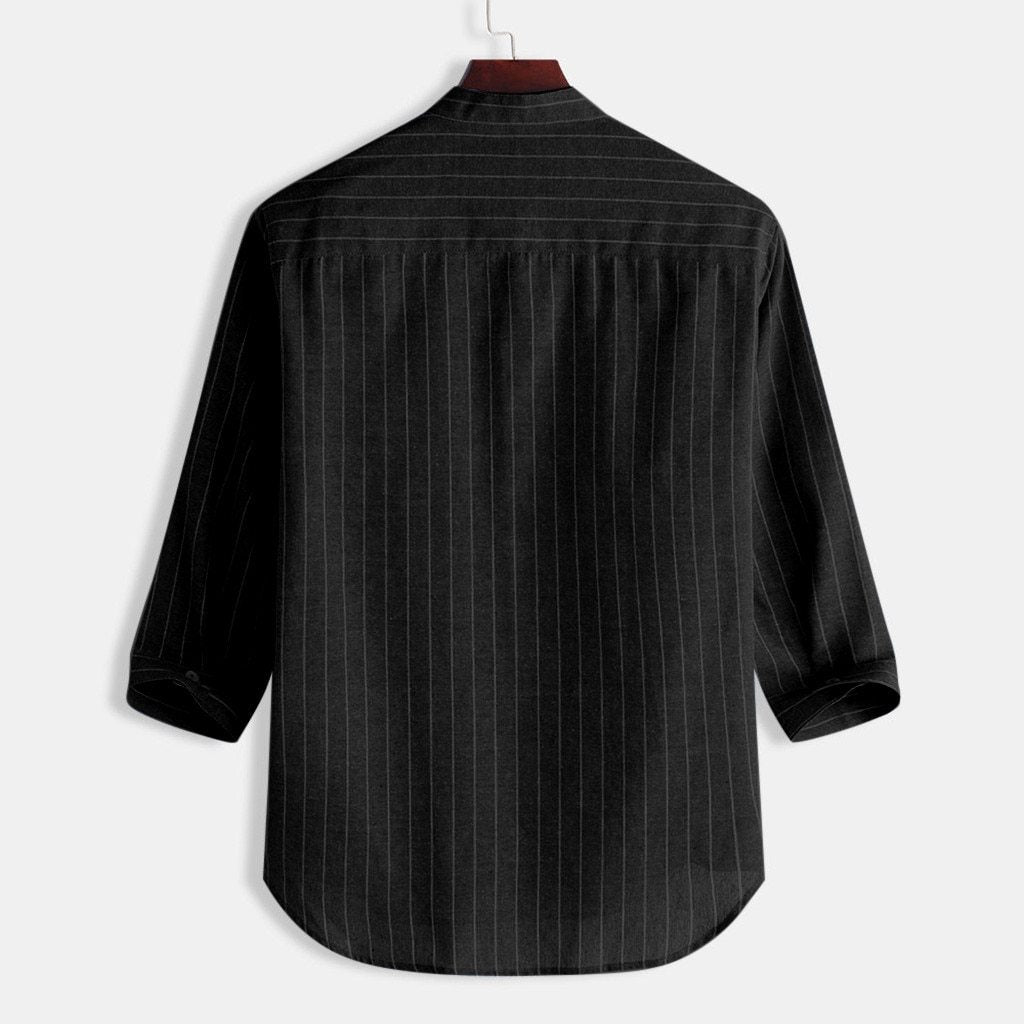 Striped Stand Collar Cropped Sleeve Button Linen Shirt Loose Casual Comfortable Men's Top