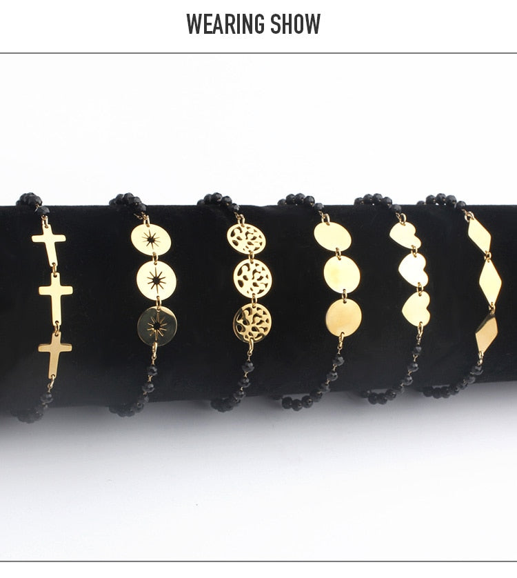Stainless Steel Coin Cross Heart Charm Bracelets Adjustable Black Beads Bracelets