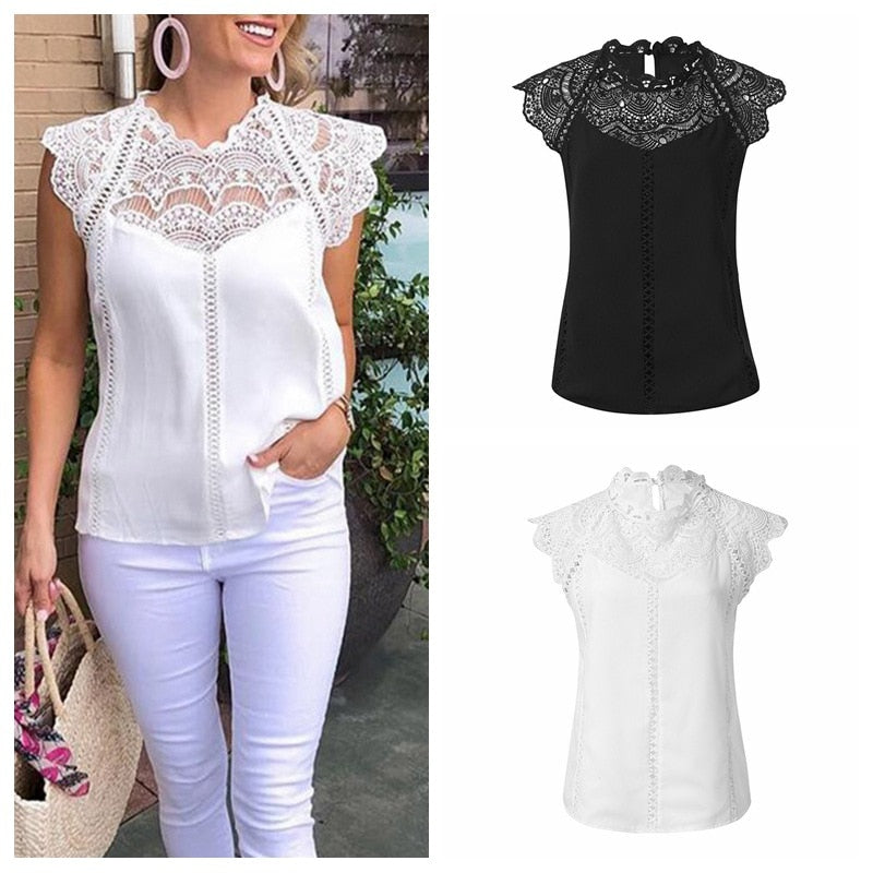 Sleeveless Lace Patchwork Solid Shirt