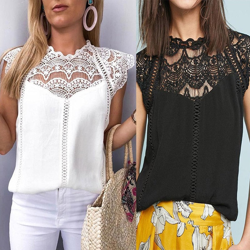 Sleeveless Lace Patchwork Solid Shirt