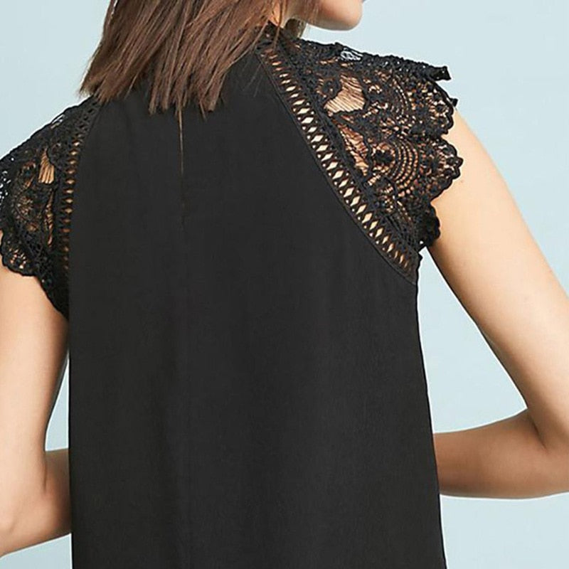 Sleeveless Lace Patchwork Solid Shirt