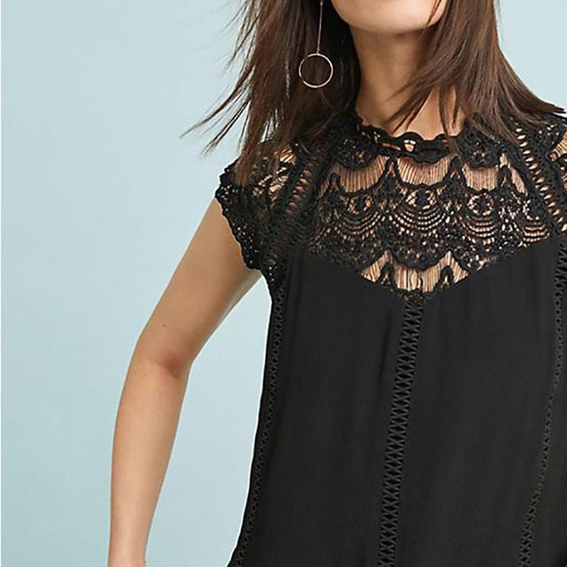 Sleeveless Lace Patchwork Solid Shirt