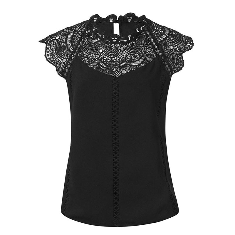 Sleeveless Lace Patchwork Solid Shirt