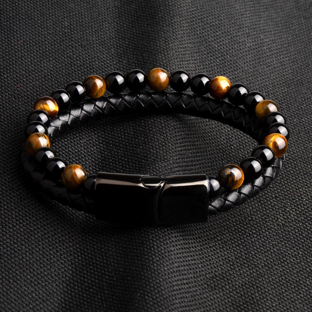 Natural Stone Genuine Leather Black Stainless Steel Magnetic Clasp Tiger eye