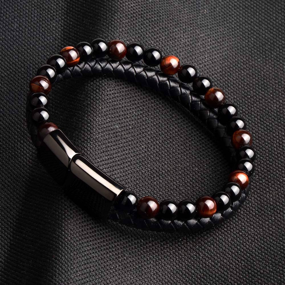 Natural Stone Genuine Leather Black Stainless Steel Magnetic Clasp Tiger eye