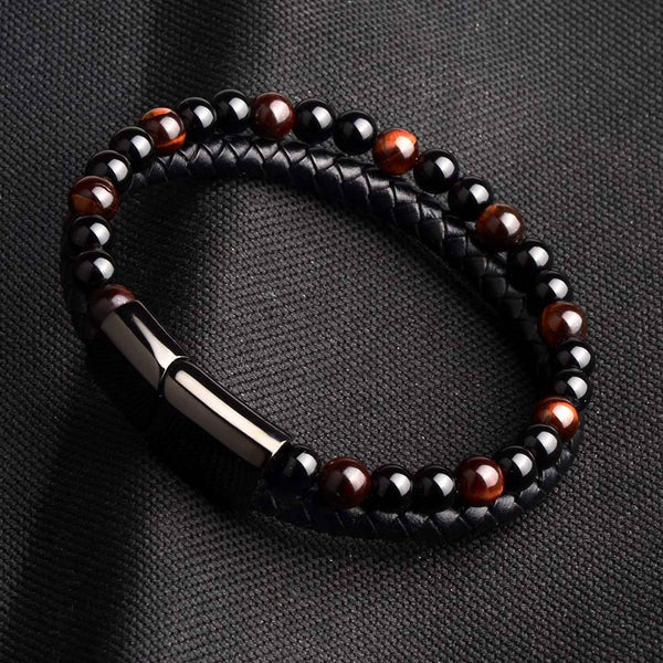 Natural Stone Genuine Leather Black Stainless Steel Magnetic Clasp Tiger eye
