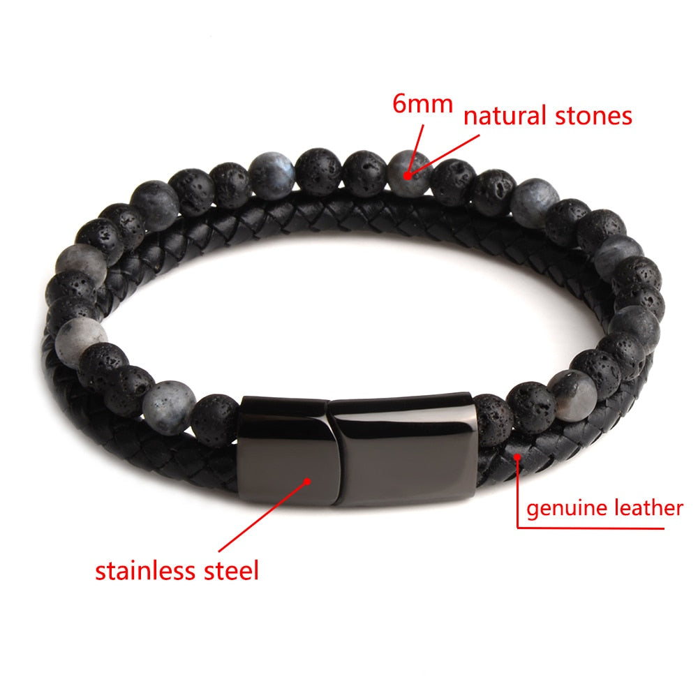 Natural Stone Genuine Leather Black Stainless Steel Magnetic Clasp Tiger eye