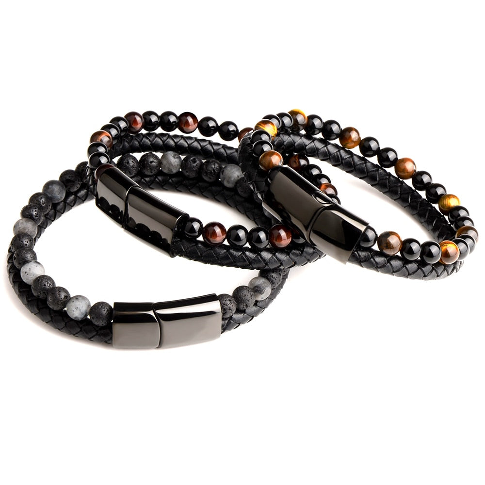 Natural Stone Genuine Leather Black Stainless Steel Magnetic Clasp Tiger eye