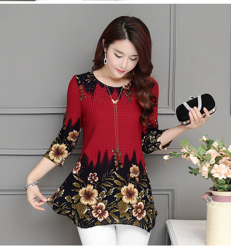 Blouse shirt Casual Blue Red O-neck floral Print