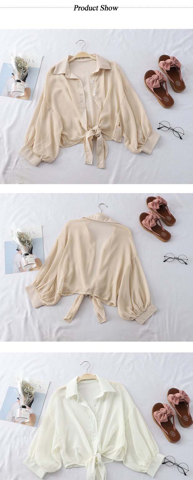 Buttoned Up Shirt Sleeve Blouse Tied Waist
