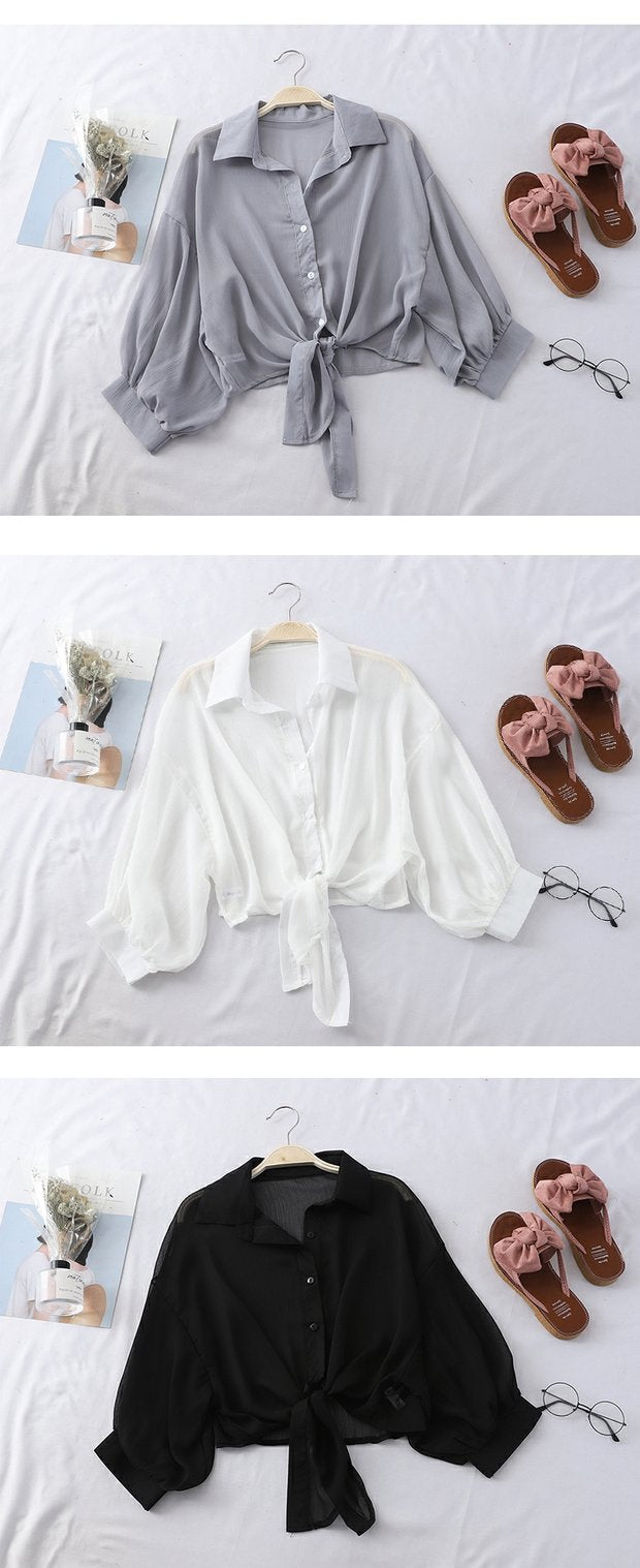 Buttoned Up Shirt Sleeve Blouse Tied Waist