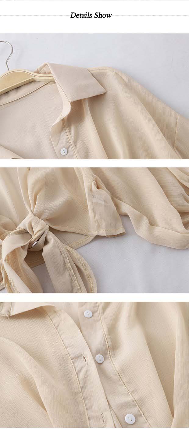 Buttoned Up Shirt Sleeve Blouse Tied Waist