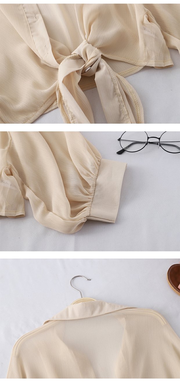 Buttoned Up Shirt Sleeve Blouse Tied Waist