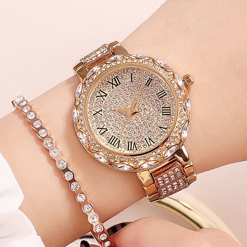 Gold Clock  Crystal Quartz Watch Fashion Women's Wristwatch