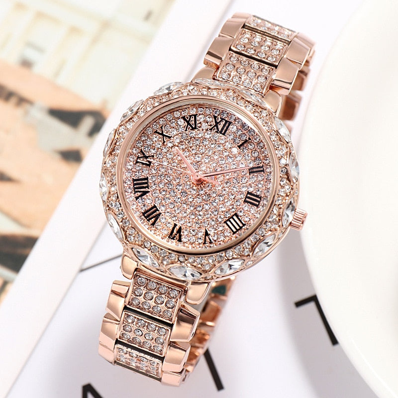 Gold Clock  Crystal Quartz Watch Fashion Women's Wristwatch