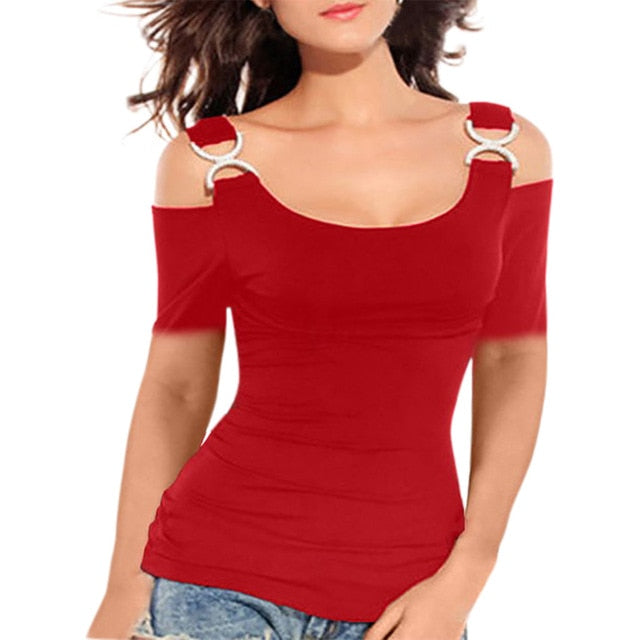 Off Shoulder Metallic Buckle Shoulder Strap Tops