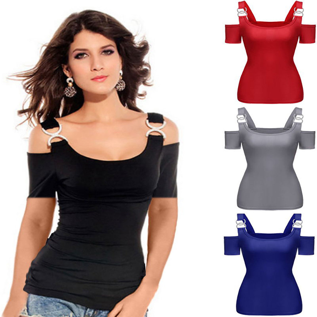 Off Shoulder Metallic Buckle Shoulder Strap Tops
