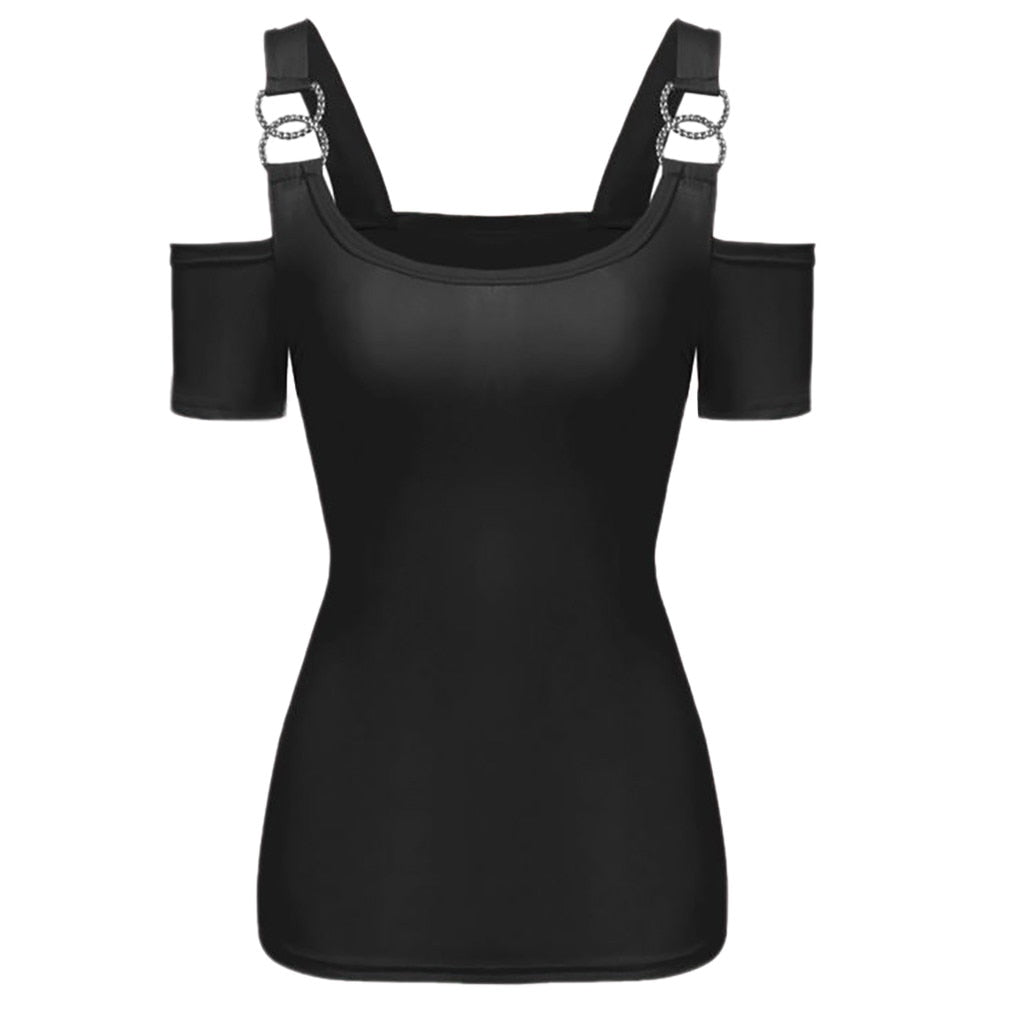 Off Shoulder Metallic Buckle Shoulder Strap Tops
