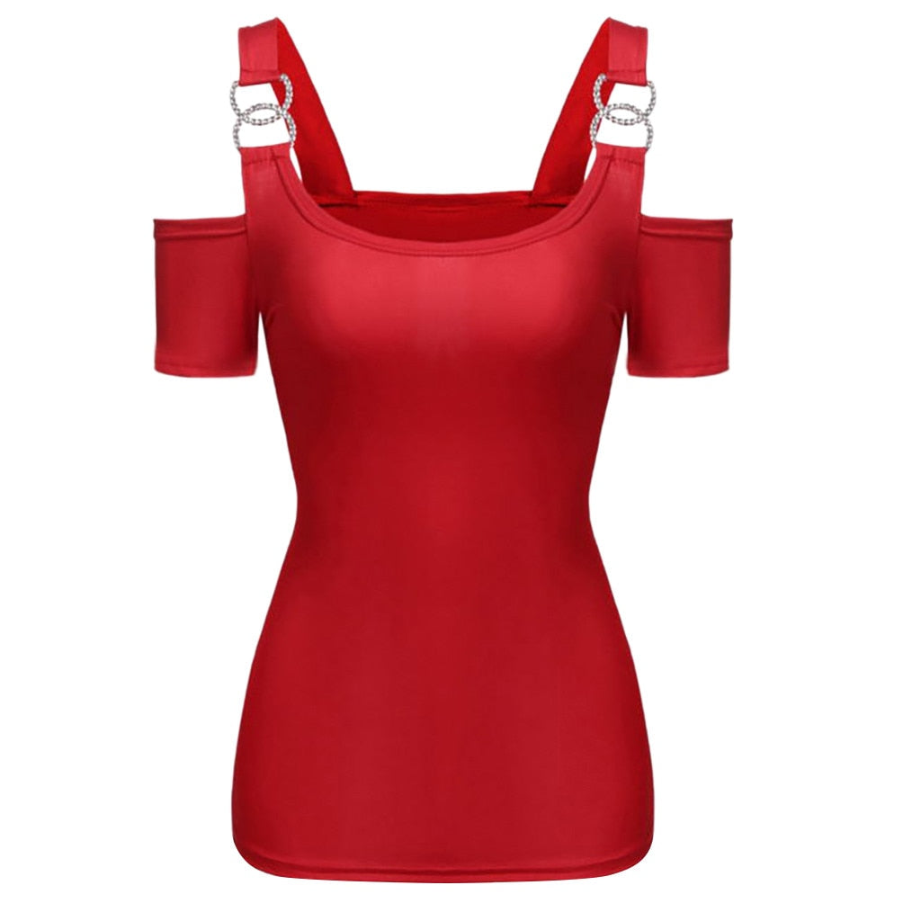 Off Shoulder Metallic Buckle Shoulder Strap Tops