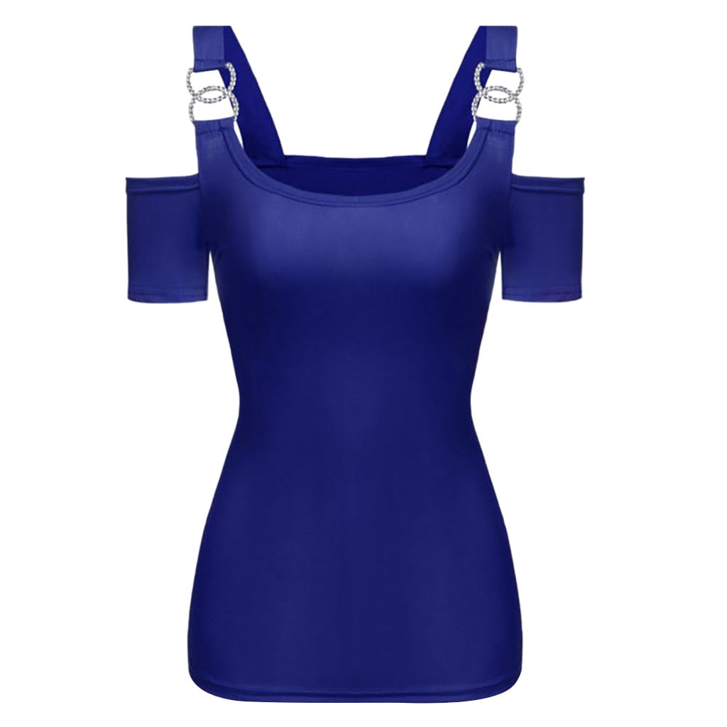 Off Shoulder Metallic Buckle Shoulder Strap Tops