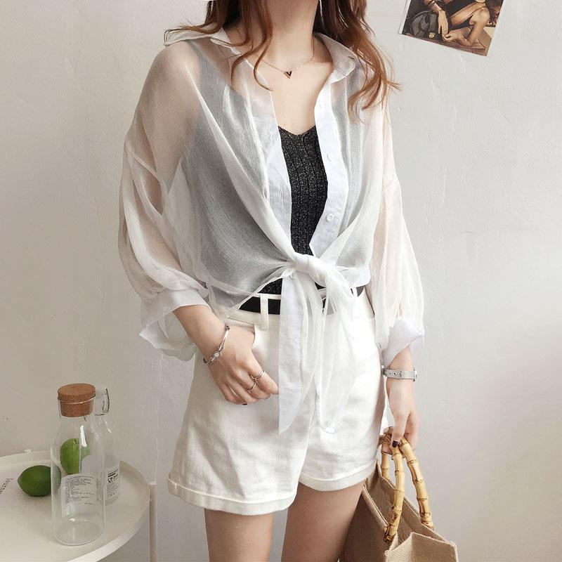 Buttoned Up Shirt Sleeve Blouse Tied Waist