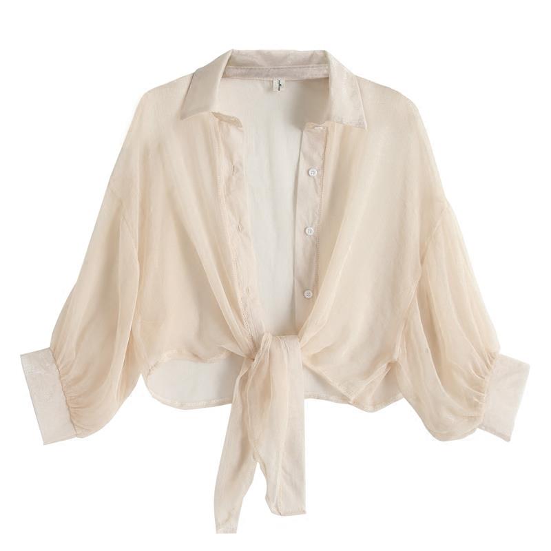 Buttoned Up Shirt Sleeve Blouse Tied Waist