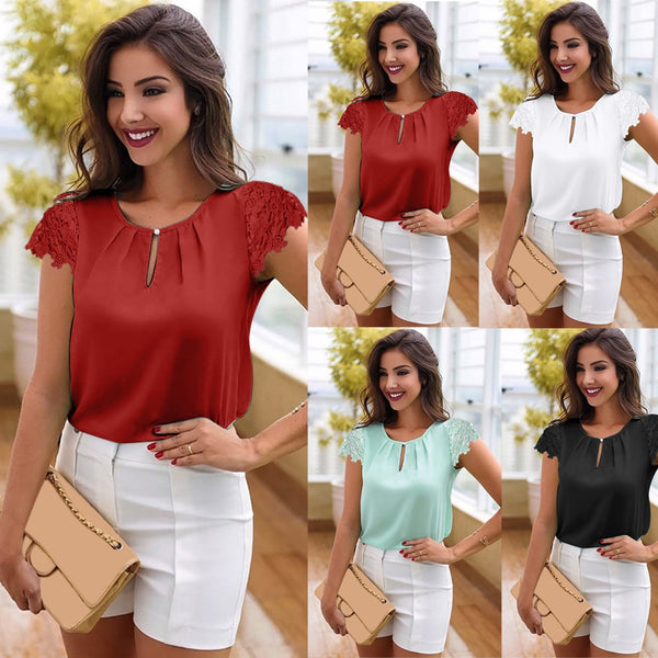 Lace Button cotton Short Sleeve Chiffon blouse