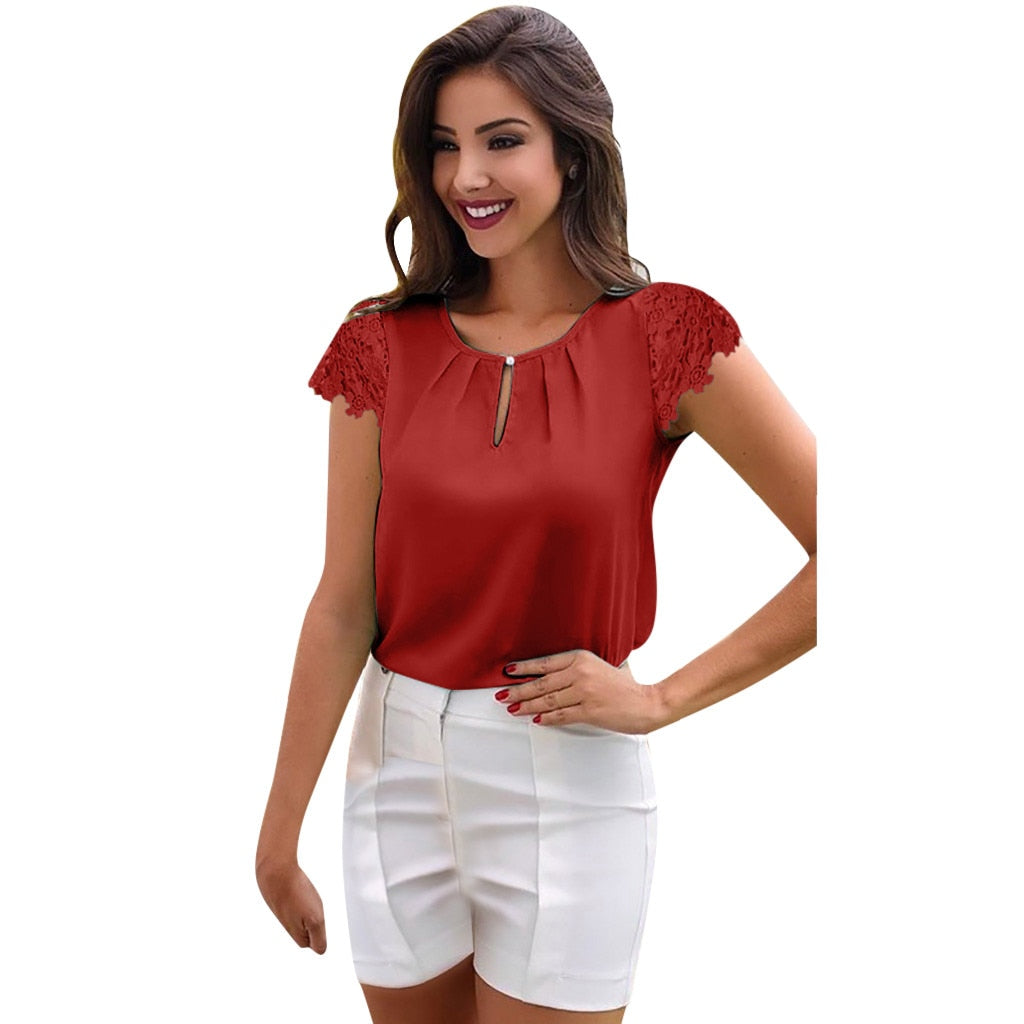 Lace Button cotton Short Sleeve Chiffon blouse