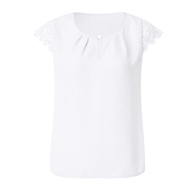 Lace Button cotton Short Sleeve Chiffon blouse
