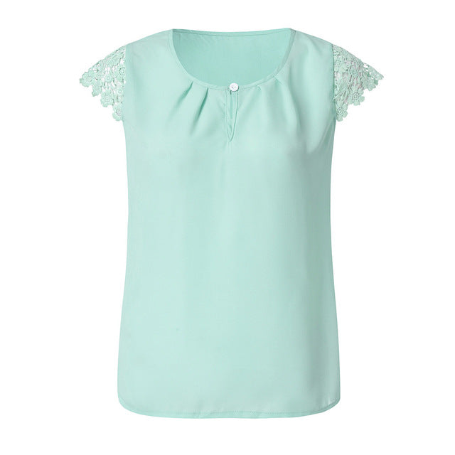 Lace Button cotton Short Sleeve Chiffon blouse