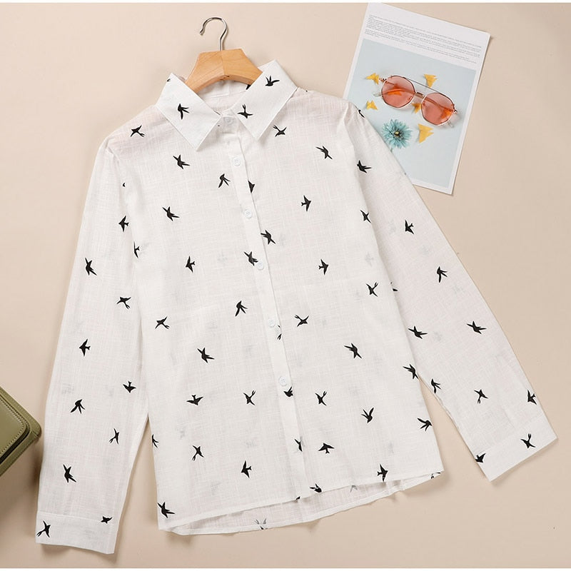 Birds Print Shirts Loose Casual Office Ladies Shirt