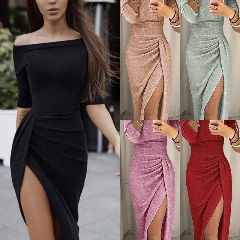 Sexy Lady High Split Women Dresses Off Shoulder Slash Neck Slim Waist Package Hip Dresses Female
