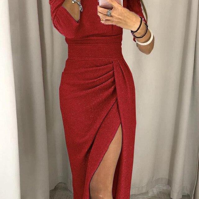 Sexy Lady High Split Women Dresses Off Shoulder Slash Neck Slim Waist Package Hip Dresses Female