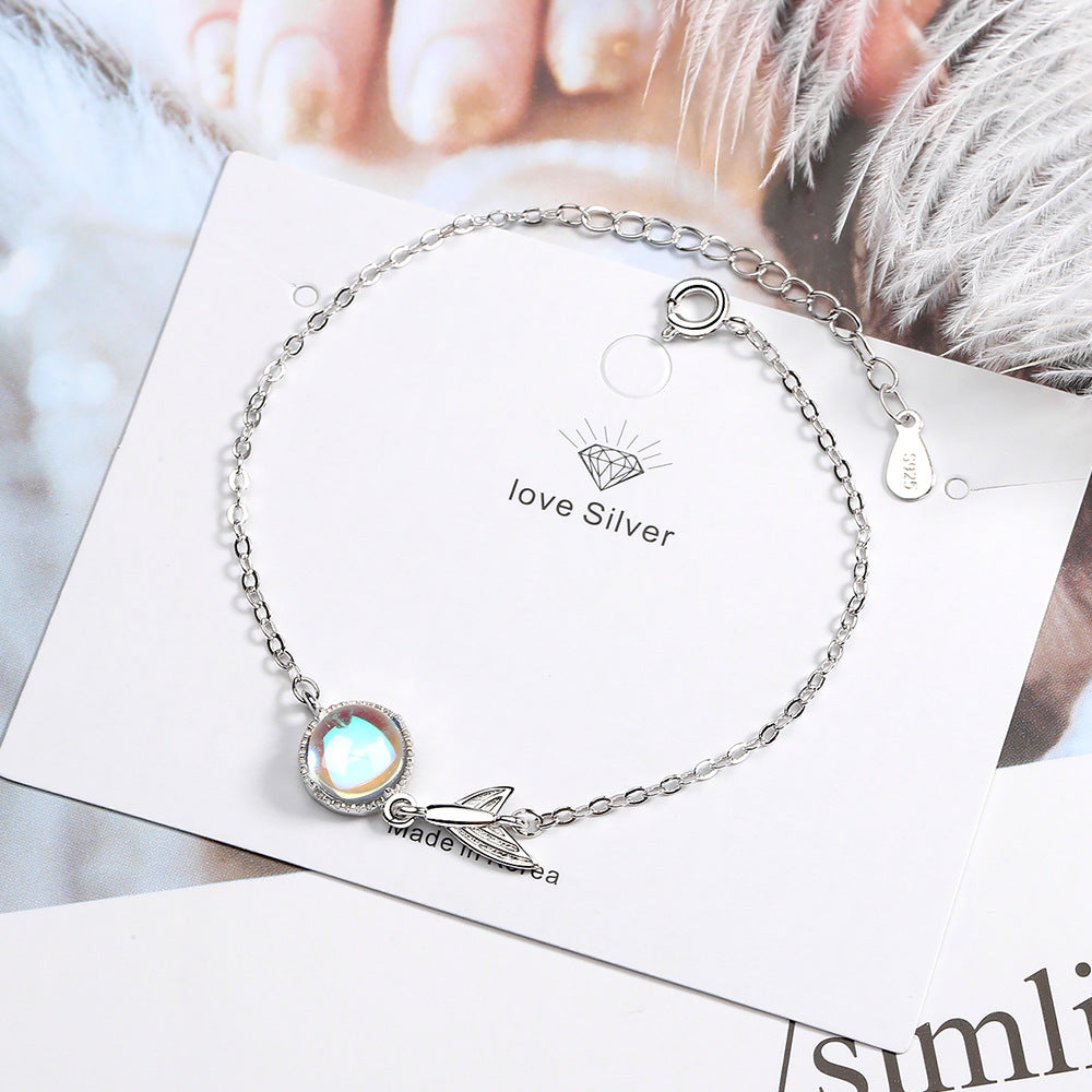Silver Colorful Moonstone charm Bracelet Fishtail Chain Bracelet