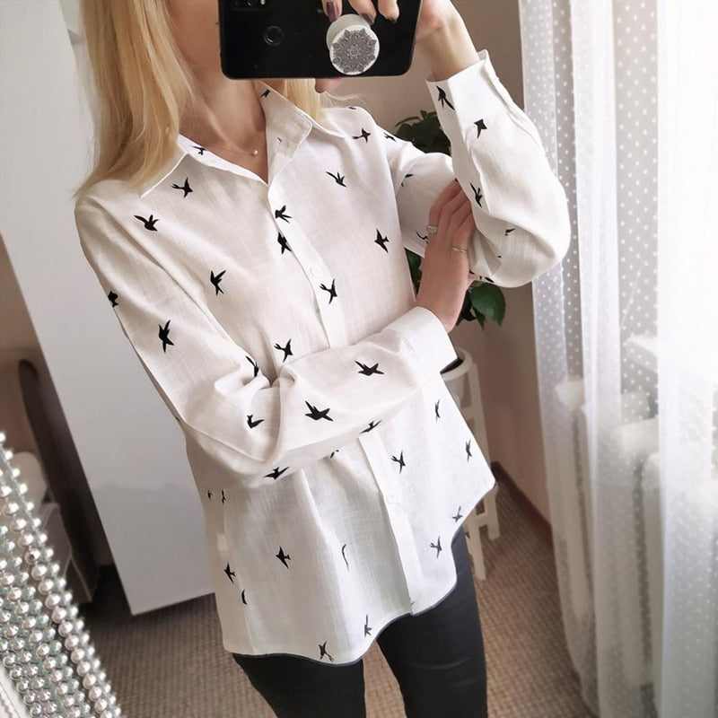 Birds Print Shirts Loose Casual Office Ladies Shirt