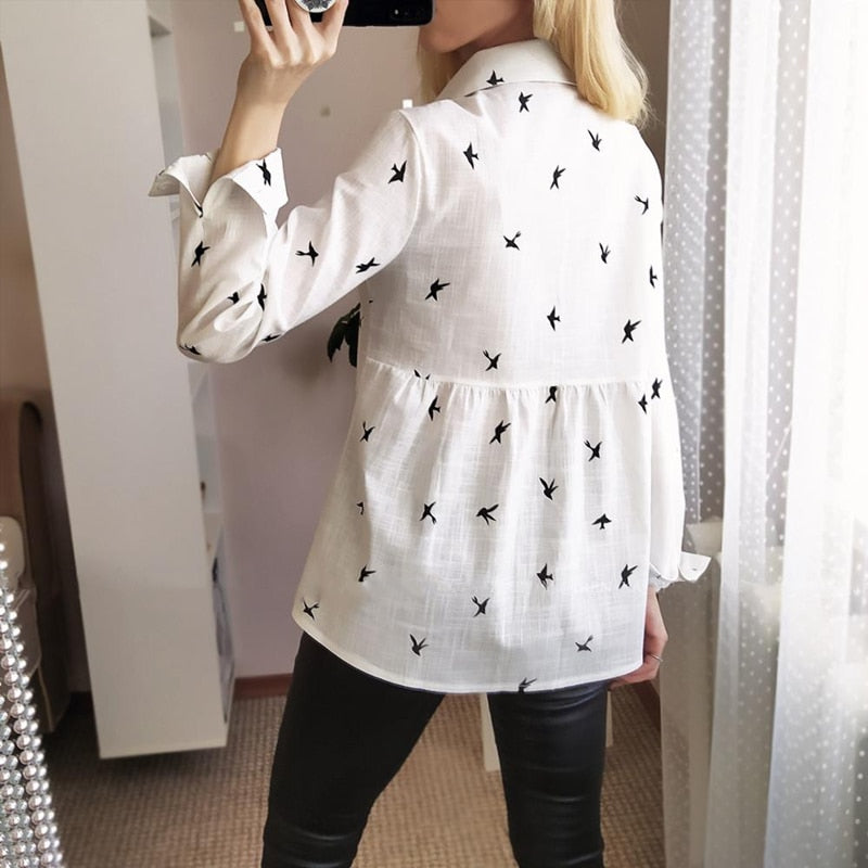 Birds Print Shirts Loose Casual Office Ladies Shirt