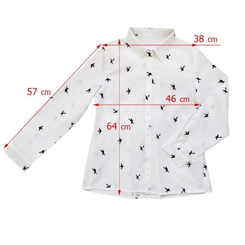 Birds Print Shirts Loose Casual Office Ladies Shirt