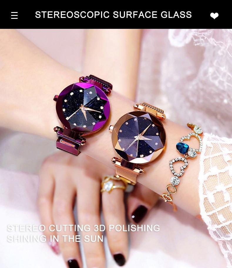 Luxury Starry Sky Stainless Steel Mesh Bracelet Crystal Analog Quartz Wristwatches Ladies Sports