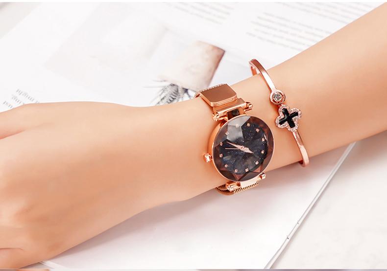 Luxury Starry Sky Stainless Steel Mesh Bracelet Crystal Analog Quartz Wristwatches Ladies Sports