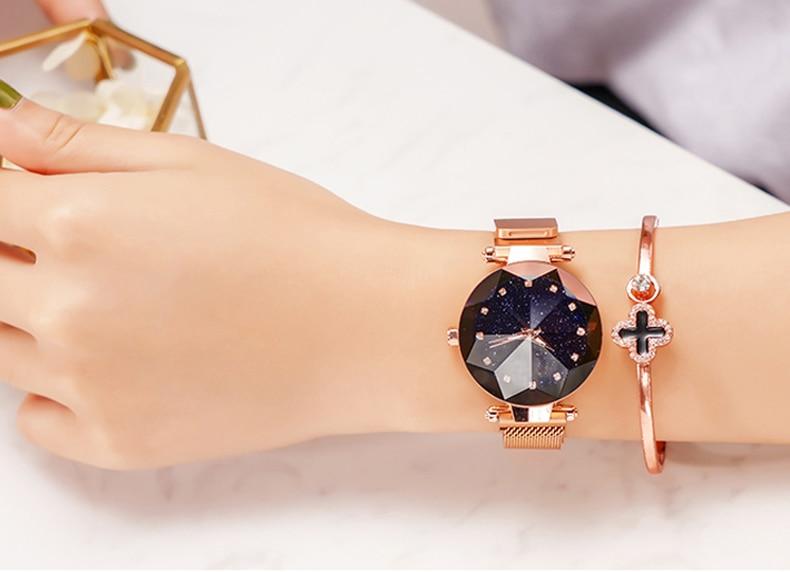 Luxury Starry Sky Stainless Steel Mesh Bracelet Crystal Analog Quartz Wristwatches Ladies Sports