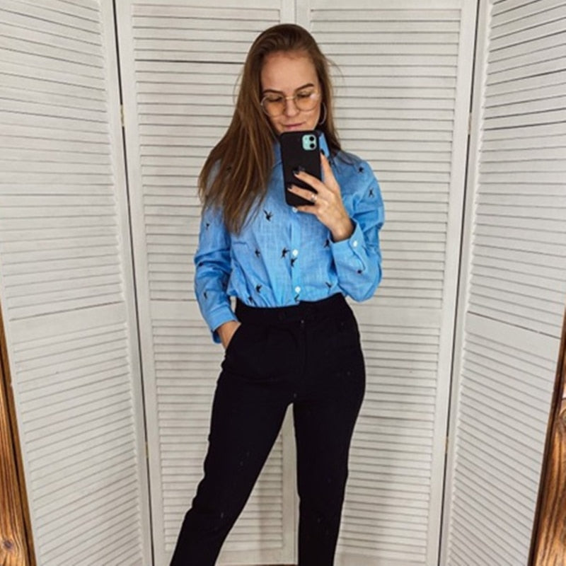 Birds Print Shirts Loose Casual Office Ladies Shirt